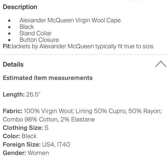 Alexander McQueen virgin wool cape. Size 4 IT 40 - Picture 4 of 4